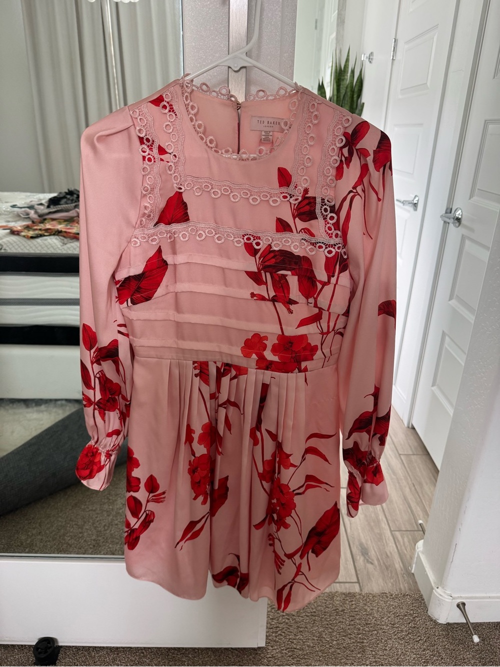 Ted Baker Pink Dress with Red Floral Print and Lace Trim